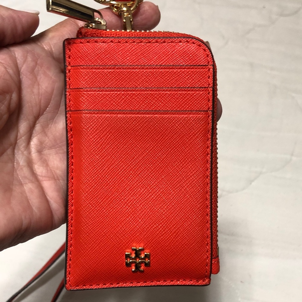 Tory Burch Red Leather Cardholder with Lanyard and Gold Tone Logo